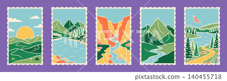 travel postage stamps featuring diverse natural landscapes, mountains, rivers, canyon and forest in flat vector style 140455718