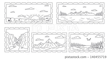 Vintage postage stamps with mountain landscapes, canyon, lake, forest and sunrise line vector art set Vintage postage stamps with mountain landscapes, canyon, lake, forest and sunrise line vector art set 140455719
