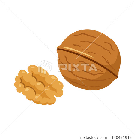 Whole walnut in shell and half walnut kernel isolated on white background 140455912