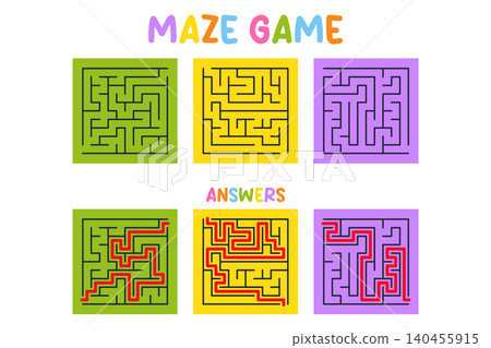 Maze activity for kids with answer key. Fun educational vector illustration 140455915