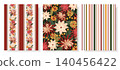 Set of three coordinating seamless patterns: floral stripe, dense dark botanical and multicolor stripe with chrysanthemum and dahlia in red, green and gold. Rich autumn style for fabric and decor. 140456422