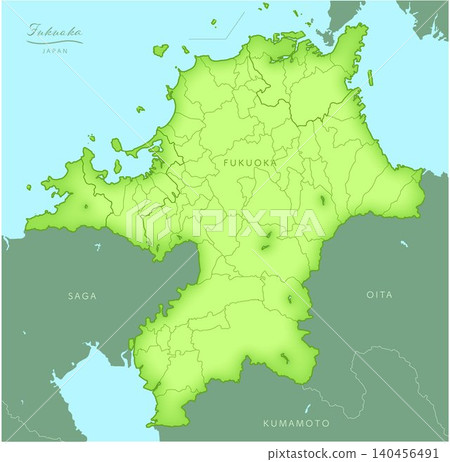 "Fukuoka Prefecture" - A series of three-dimensional maps of Japan. (Includes neighboring prefectures, cities, towns, and English translations) FUKUOKA, JAPAN 140456491