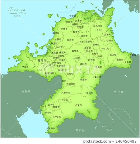 「福岡縣」—日本三維地圖系列。 （包含鄰近的縣、市、鎮、村，以及日文說明）日本福岡 140456492