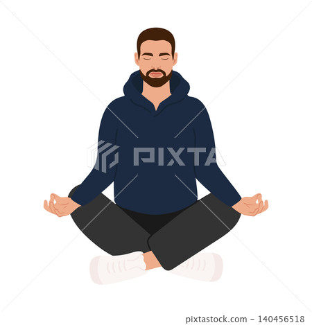 Young bearded man is sitting in lotus pose. Meditating bearded male in hoodie. Vector illustration Young bearded man is sitting in lotus pose. Meditating bearded male in hoodie. Vector illustration 140456518