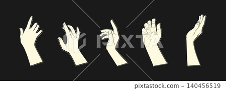Silhouettes of human hands with different gestures. Light hand silhouettes on black background. Vector illustration Silhouettes of human hands with different gestures. Light hand silhouettes on black background. Vector illustration 140456519