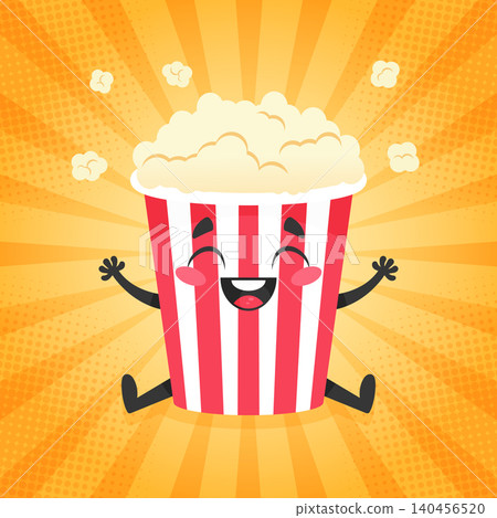 Cute joggling popcorn bucket. Mascot popcorn bucket, happy popcorn character on pop art style background. Vector illustration Cute joggling popcorn bucket. Mascot popcorn bucket, happy popcorn character on pop art style background. Vector illustration 140456520