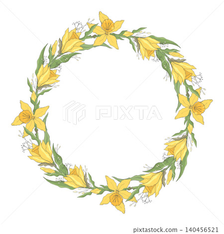 Daffodil wreath isolated on white background. Narcissus flower template. Vector hand drawn floral round frame. For cards, invitations, save the date cards Daffodil wreath isolated on white background. Narcissus flower template. Vector hand drawn floral round frame. For cards, invitations, save the date cards 140456521