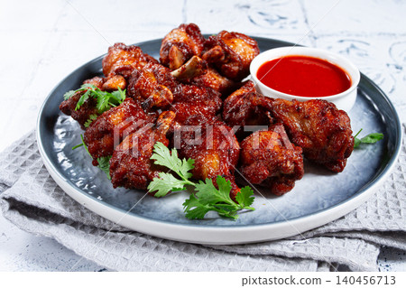 Crispy pieces of fried chicken, on a plate with sauce and herbs, in a modern kitchen environment, there are no people Crispy pieces of fried chicken, on a plate with sauce and herbs, in a modern kitchen environment, there are no people 140456713