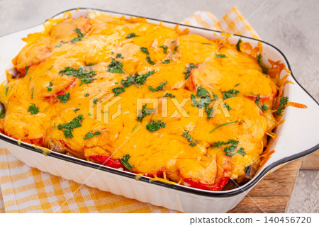 Madame Bovary's Georgian dish, chicken fillet with mushrooms, tomatoes and cheese, baked in a mold, Madame Bovary's Georgian dish, chicken fillet with mushrooms, tomatoes and cheese, baked in a mold, 140456720
