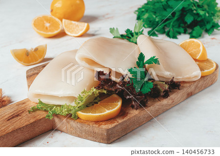 Fresh squid prepared for cooking, surrounded by herbs and lemon, placed on a wooden chopping board in a bright kitchen setting Fresh squid prepared for cooking, surrounded by herbs and lemon, placed on a wooden chopping board in a bright kitchen setting 140456733