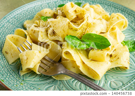 pasta papardelle, with pesto and parmesan cheese, homemade, no people, pasta papardelle, with pesto and parmesan cheese, homemade, no people, 140456738
