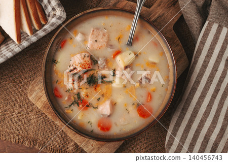 Finnish fish soup, lohikeito soup, creamy fish soup, rustic style Finnish fish soup, lohikeito soup, creamy fish soup, rustic style 140456743