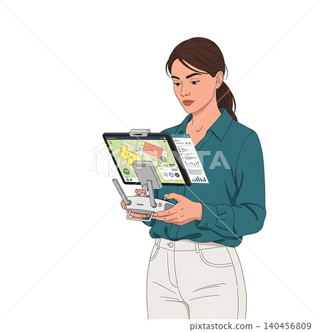 Female Real Estate Drone Operator with Tablet Controller 140456809