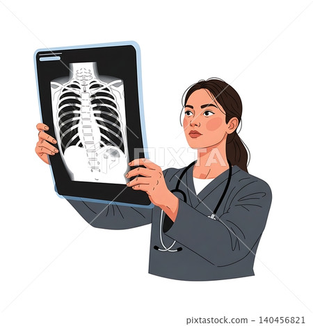 Female Radiologist Analyzing Chest X-Ray Film Flat Vector Female Radiologist Analyzing Chest X-Ray Film Flat Vector 140456821