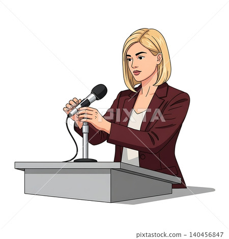 Female PR Manager Adjusting Podium Microphone Stand Female PR Manager Adjusting Podium Microphone Stand 140456847