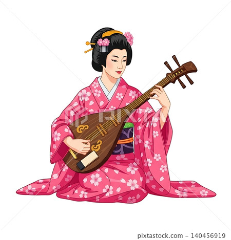 Female Samurai Musician Playing Wooden Biwa Lute Instrument Female Samurai Musician Playing Wooden Biwa Lute Instrument 140456919