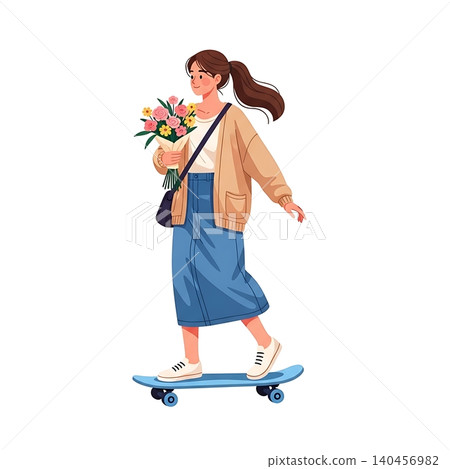 Female Skateboarder Holding Flowers while Skating Flat Vector Female Skateboarder Holding Flowers while Skating Flat Vector 140456982