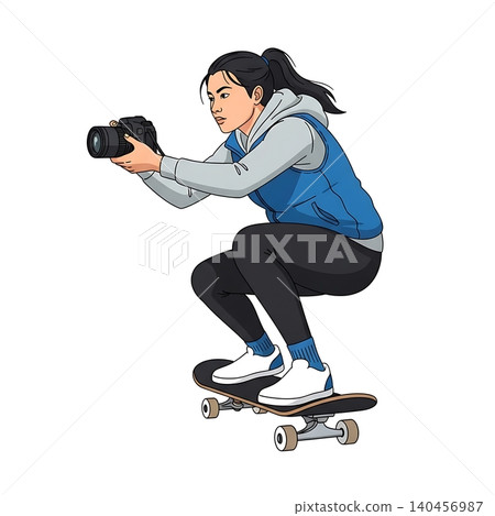 Female Skateboarder Filming with Video Camera Flat Vector 140456987
