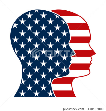 Head silhouettes with American national flag pattern. Left head profile shows a blue field with 50 white stars, the right one 13 alternating red and white stripes, corresponding to the US flag. Vector 140457000