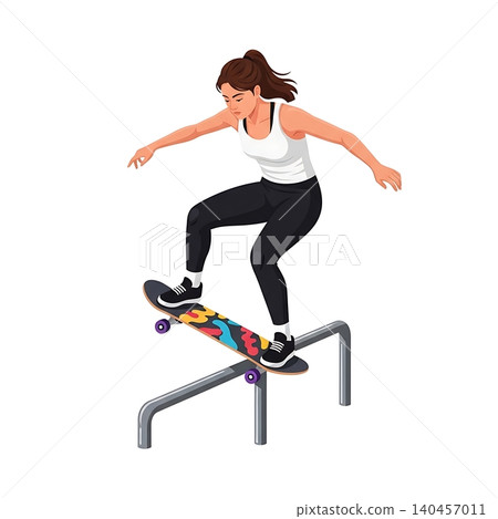 Female Skateboarder Grinding on Metal Rail Flat Vector Female Skateboarder Grinding on Metal Rail Flat Vector 140457011