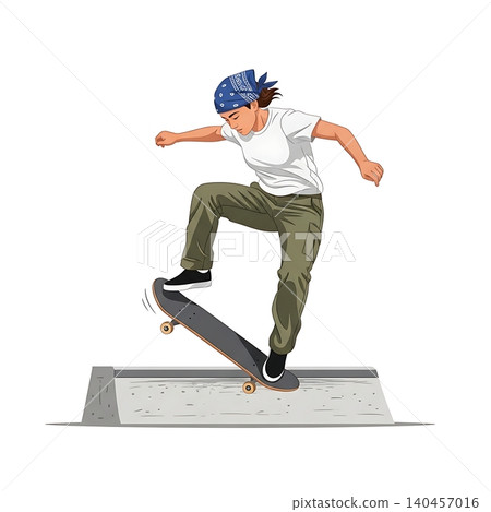 Female Skateboarder Kickflip off Kicker Ramp Flat Vector Female Skateboarder Kickflip off Kicker Ramp Flat Vector 140457016