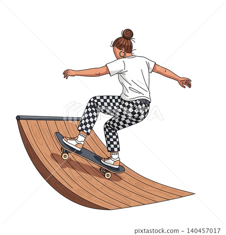 Female Skateboarder Kickturn on Ramp Flat Vector Female Skateboarder Kickturn on Ramp Flat Vector 140457017