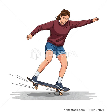 Female Skateboarder Performing No-Comply Trick Flat Vector Female Skateboarder Performing No-Comply Trick Flat Vector 140457021