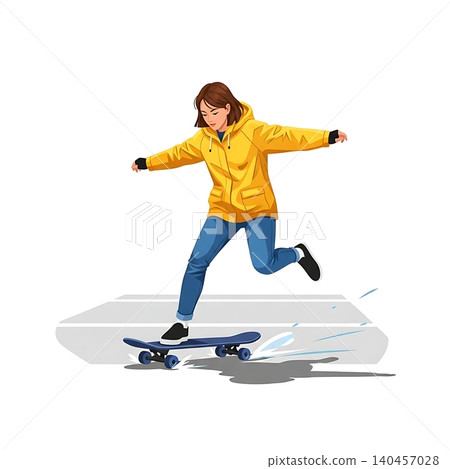Female Skateboarder Power-Slide in Parking Lot Flat Vector Female Skateboarder Power-Slide in Parking Lot Flat Vector 140457028