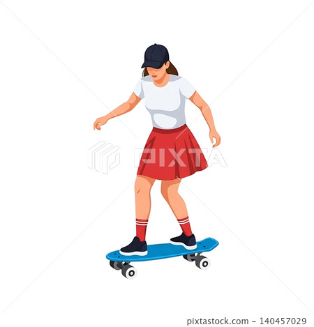 Female Skateboarder Cruising on Penny Board Flat Vector Female Skateboarder Cruising on Penny Board Flat Vector 140457029
