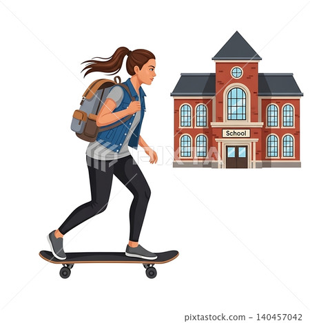 Female Student Skateboarder Commuting with Backpack Flat Vector Female Student Skateboarder Commuting with Backpack Flat Vector 140457042