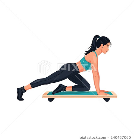 Female Slide Board Core Specialist doing Climbers Female Slide Board Core Specialist doing Climbers 140457060