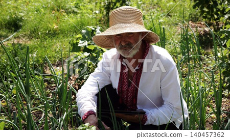 Senior ukrainian man in straw hat using digital tablet on summer garden. Elder male wearing in traditional vyshyvanka monitoring harvest on land. Connection between traditional and modern life Senior ukrainian man in straw hat using digital tablet on summer garden. Elder male wearing in traditional vyshyvanka monitoring harvest on land. Connection between traditional and modern life 140457362