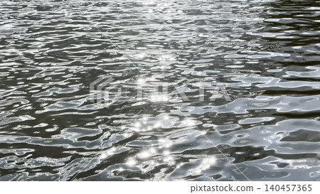 Scenery surface of pond illuminated by sun at summertime. Calm view on sea with small waves at sunny day. Beautiful summer nature landscape. Concept of tranquility scene. Slow motion 140457365