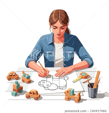 Female Wooden Toy Designer Sketching Blueprint Female Wooden Toy Designer Sketching Blueprint 140457460