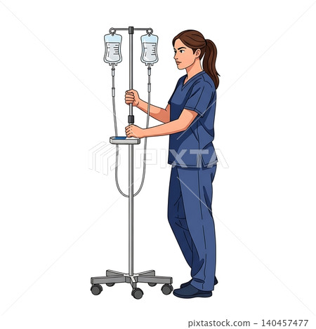 Female Trauma Nurse with IV Pole Flat Vector Illustration 140457477