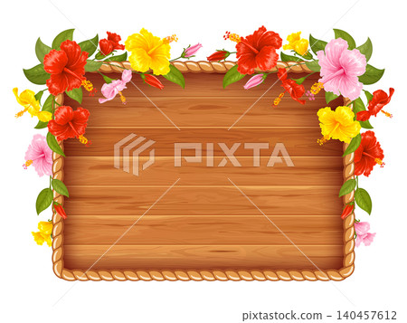 Wooden Rectangle Frame With Red, Yellow And Pink Hibiscus Flowers Decoration 140457612