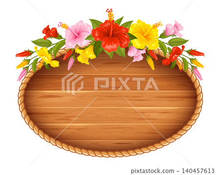Wooden Ellipse Frame With Red, Yellow And Pink Hibiscus Flowers Decoration Wooden Ellipse Frame With Red, Yellow And Pink Hibiscus Flowers Decoration 140457613