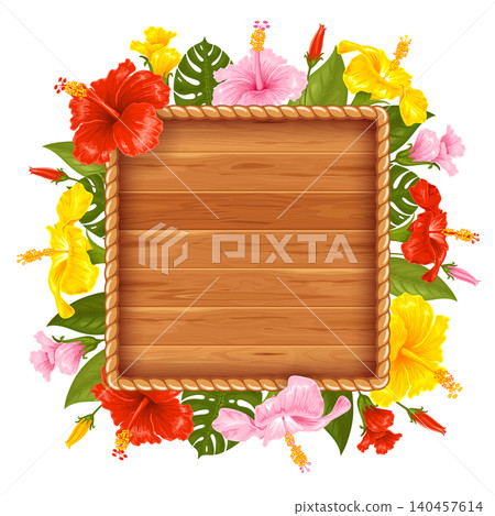 Wooden Square Frame With Red, Yellow And Pink Hibiscus Flowers Decoration Wooden Square Frame With Red, Yellow And Pink Hibiscus Flowers Decoration 140457614