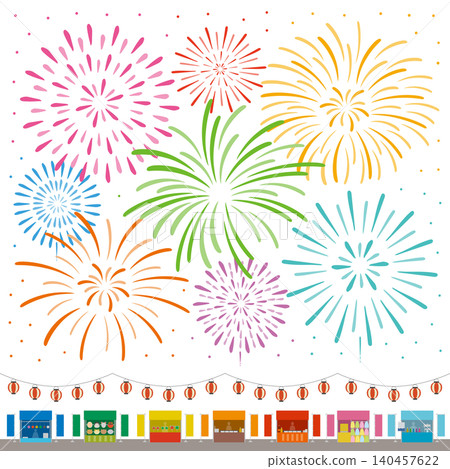 A square-shaped image illustration depicting fireworks, food stalls, and lanterns, evoking the image of a festival. A square-shaped image illustration depicting fireworks, food stalls, and lanterns, evoking the image of a festival. 140457622