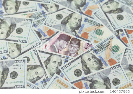 Money piles spread across a flat surface. Mix of dollar and local currency notes. Familiar faces printed on bills, calm expressions. Visual represents wealth, finance, or economic growth. Money piles spread across a flat surface. Mix of dollar and local currency notes. Familiar faces printed on bills, calm expressions. Visual represents wealth, finance, or economic growth. 140457965