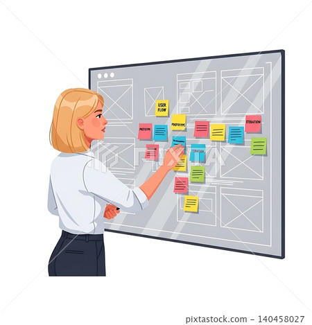 Female UX Designer Whiteboard Sticky Notes Flat Vector Female UX Designer Whiteboard Sticky Notes Flat Vector 140458027