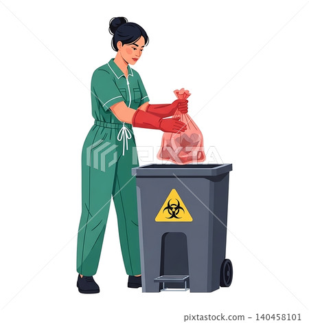 Female Hospital Waste Worker with Biohazard Bag Flat Vector Illustration 140458101