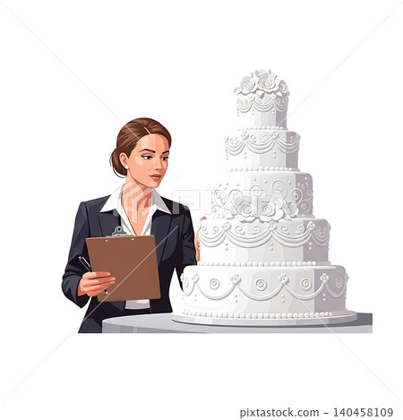 Female Wedding Consultant Inspecting Tiered Wedding Cake Female Wedding Consultant Inspecting Tiered Wedding Cake 140458109
