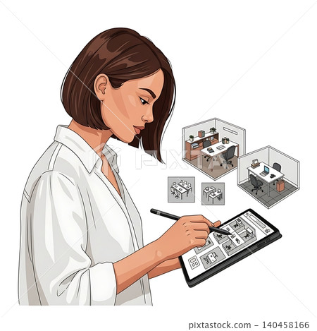 Female Workspace Designer Arranging Workstation Layout 140458166