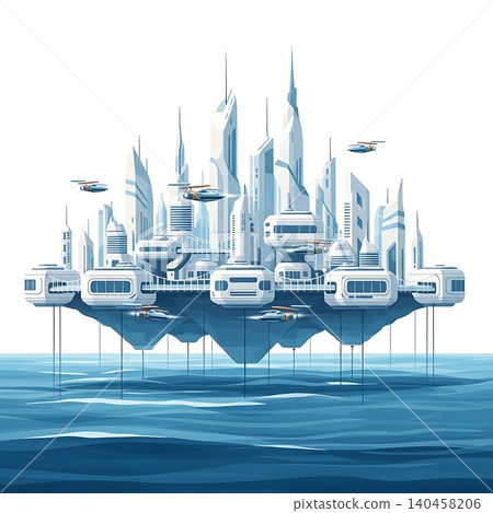 Futuristic Floating City Skyline over Blue Ocean Futuristic Floating City Skyline over Blue Ocean 140458206