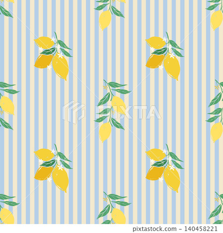 Repeating lemon sprigs on pale blue and cream vertical stripes Repeating lemon sprigs on pale blue and cream vertical stripes 140458221