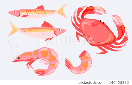 Flat seafood illustrations of crab, shrimp and fish Flat seafood illustrations of crab, shrimp and fish 140458223