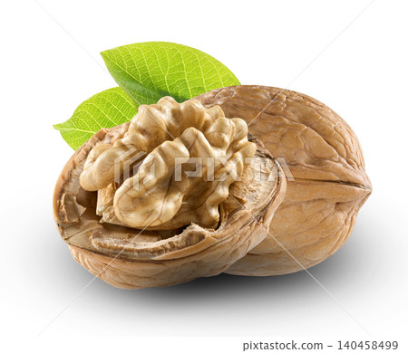Walnuts with kernel in closeup on white background Walnuts with kernel in closeup on white background 140458499