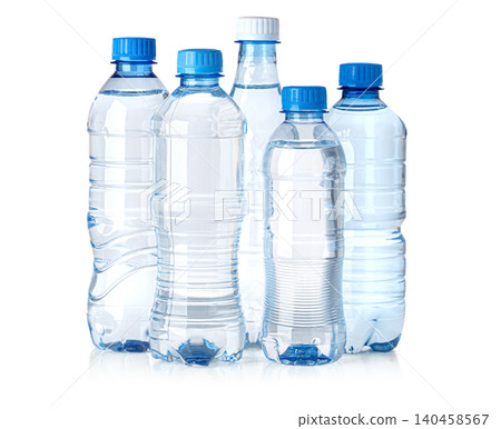 Group of clear pure water plastic bottles 140458567