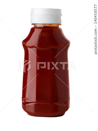 Ketchup bottle full of red sauce on white background Ketchup bottle full of red sauce on white background 140458577
